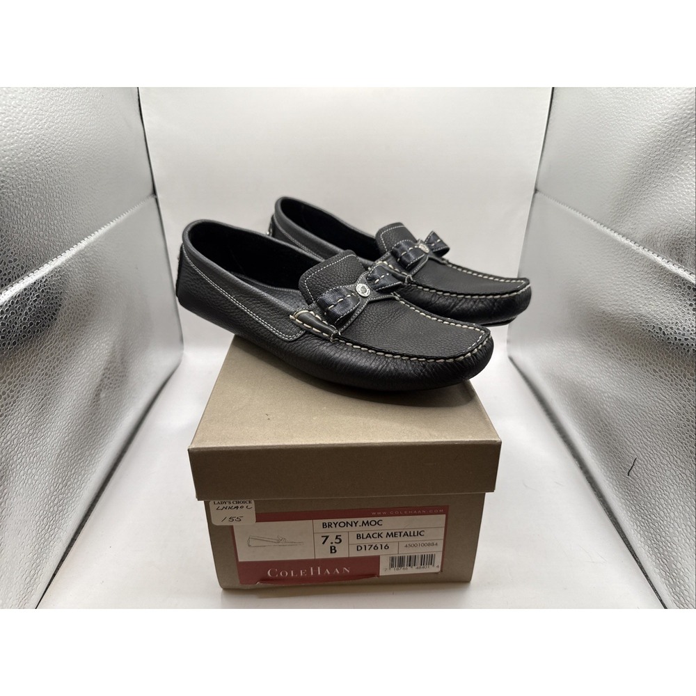 Cole Haan Woman's Bryony Leather Driving Moccasins 7.5B Black Metallic NEW